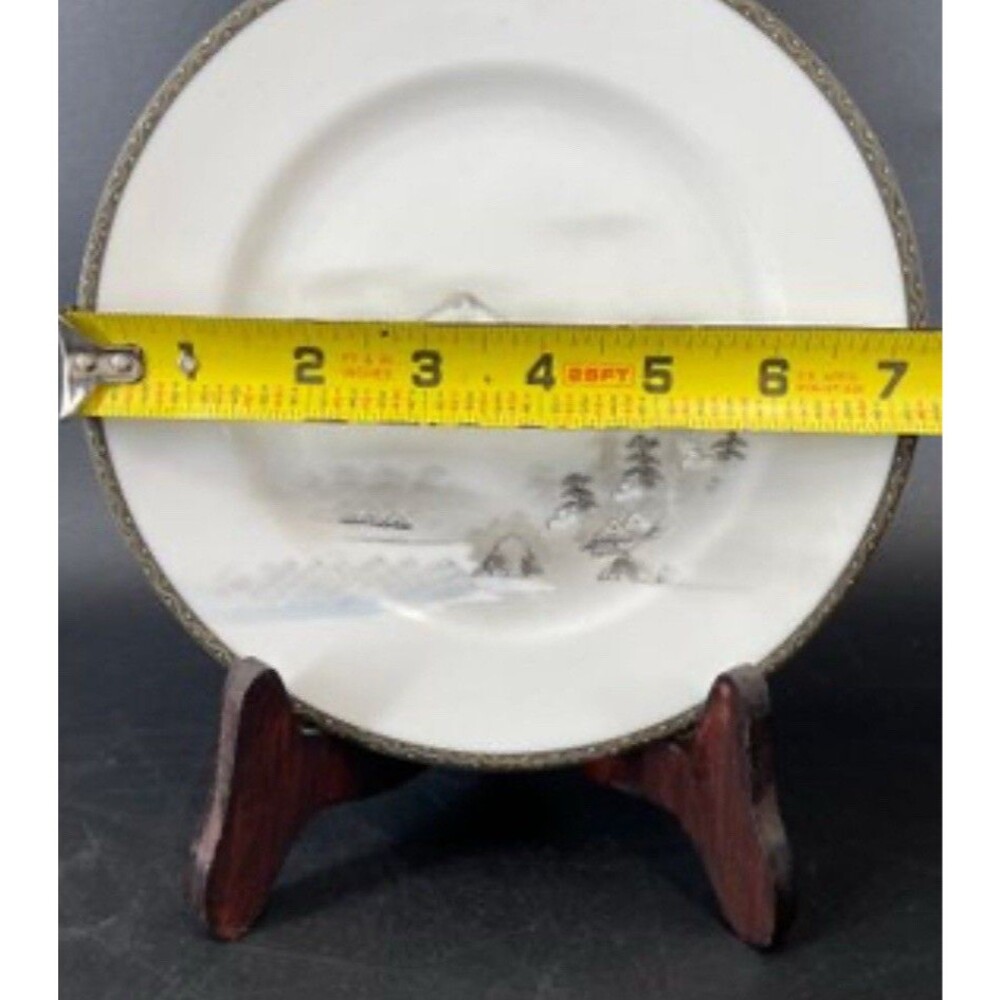 Vintage Made in Japan Porcelain Sugar Bowl Mt Fuji Scene w Lid & 2 Small Plates - Picture 2 of 8
